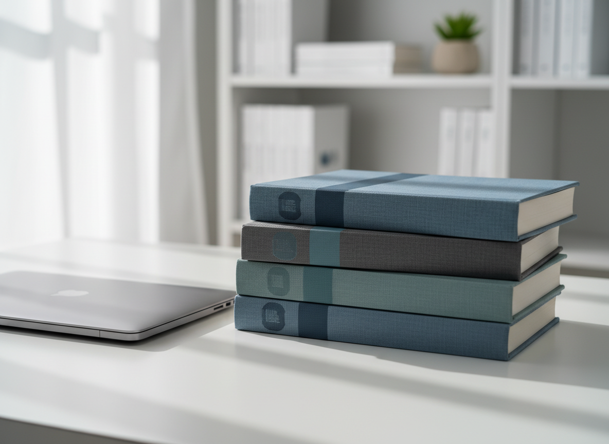 A neat stack of hardcover books with blank, elegantly designed dust jackets in muted blues and grays, arranged on a clean white desk beside a closed laptop. The covers have a subtle linen texture and embossed bands hinting at an established author brand, without any visible text or logos. Soft daylight from a nearby window washes across the scene, creating gentle reflections on the desk surface and delicate shadows along the book spines. Photographic realism, shot at eye level with a slight angle, shallow depth of field softly blurring a minimalist bookshelf in the background. The mood is professional, calm, and focused, ideal for a personal author homepage.