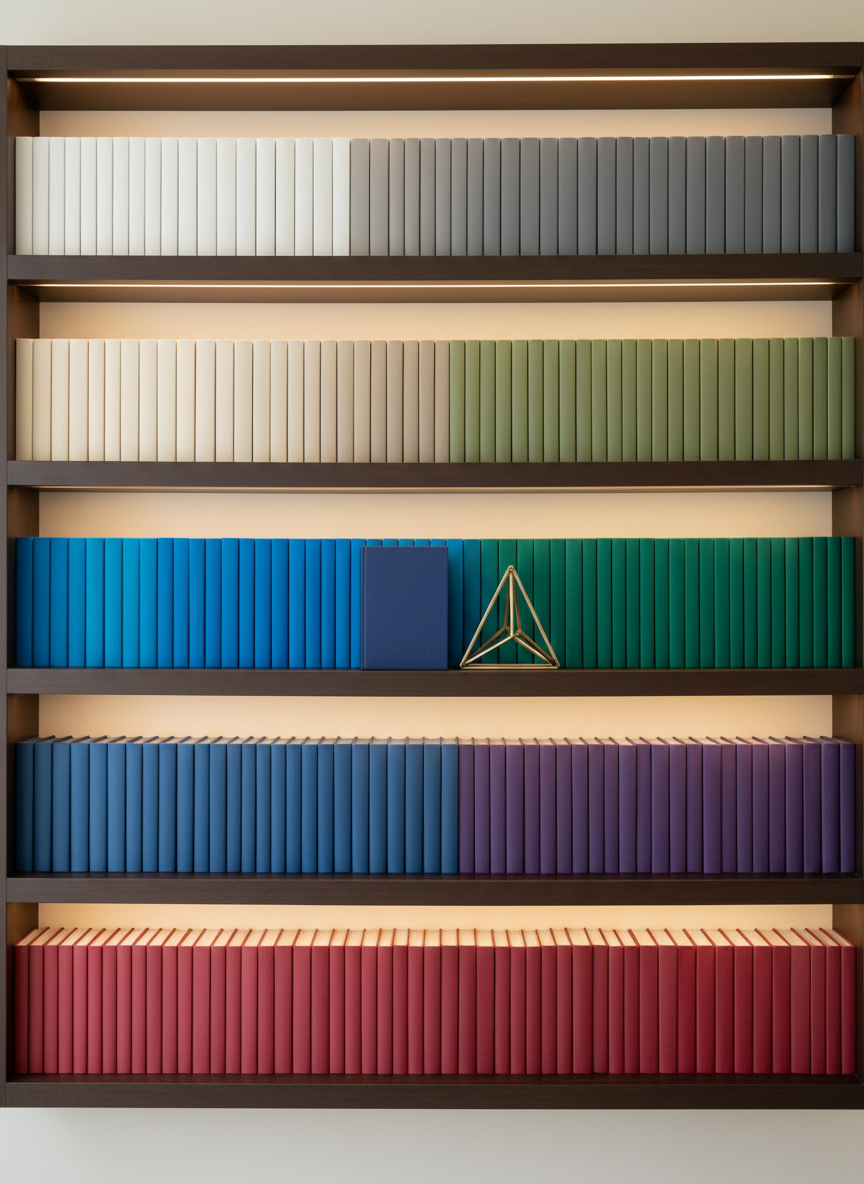 A low, wide bookshelf filled with neatly arranged hardcovers whose spines are color-coordinated in refined neutrals and deep jewel tones, all without any visible titles or text. A single book is pulled slightly forward, suggesting a featured new release, while a simple metal bookend in a geometric shape subtly reinforces the author’s brand. The shelf stands against a smooth, light-colored wall in a modern study. Warm, indirect lamp light from above casts soft, even illumination and delicate shadows beneath each shelf. Photographic realism, shot straight-on with sharp focus throughout, conveying a professional, organized, news-ready atmosphere suitable for announcements or press updates.