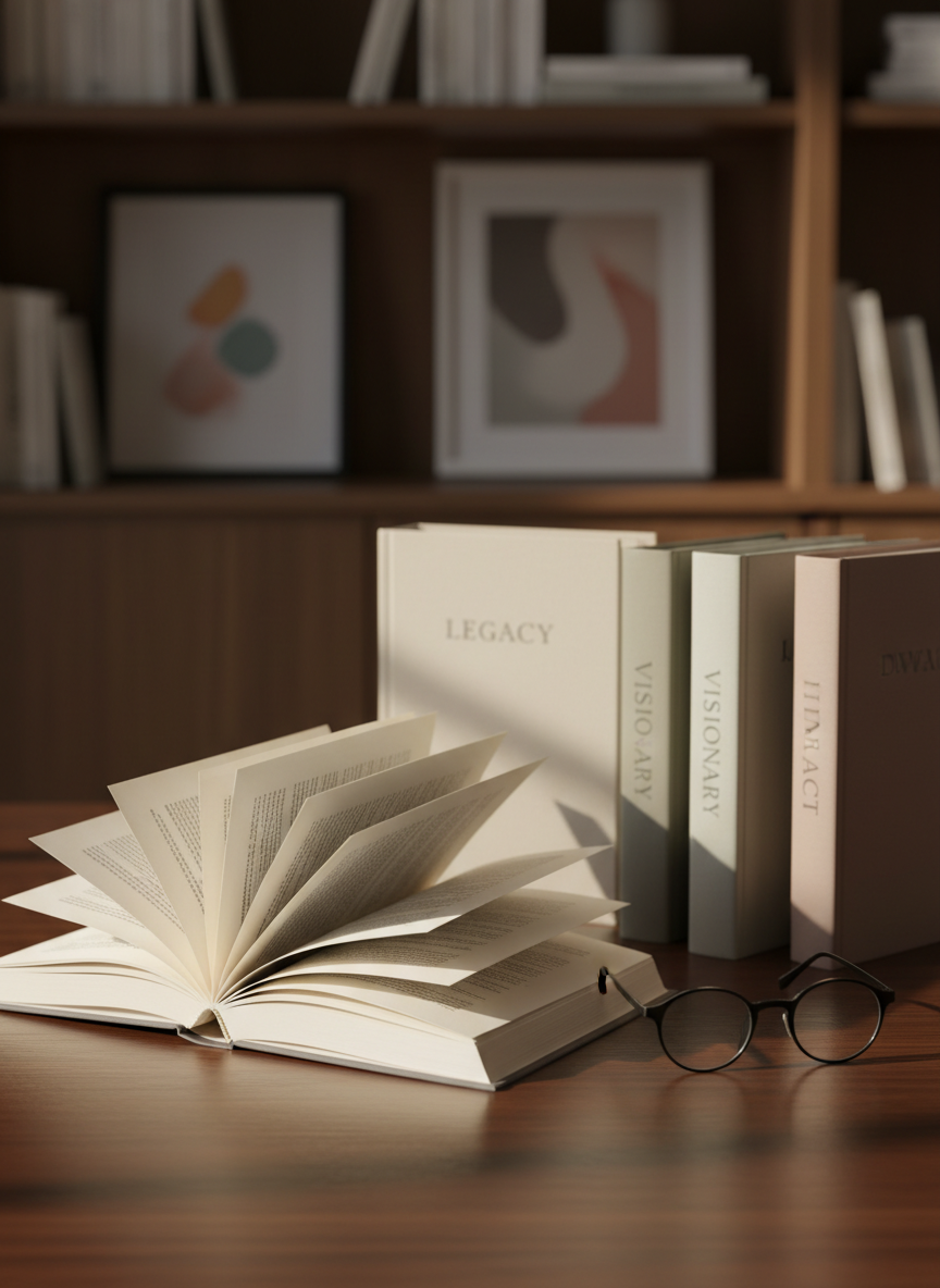 An open hardcover book with creamy, slightly textured pages fanned out gracefully, resting on a dark wooden table. Several other closed books with coordinated, neutral-toned dust jackets surround it, suggesting a curated body of work. A pair of modern reading glasses lies beside the open book as a symbolic stand-in for the author, without showing any people. Late afternoon natural light streams in from the left, casting warm highlights along the page edges and creating soft, elongated shadows. Photographic realism, shot from a slightly elevated angle using the rule of thirds, with the background fading into a tasteful bokeh of shelves and framed abstract artwork, conveying a refined, biographical atmosphere.