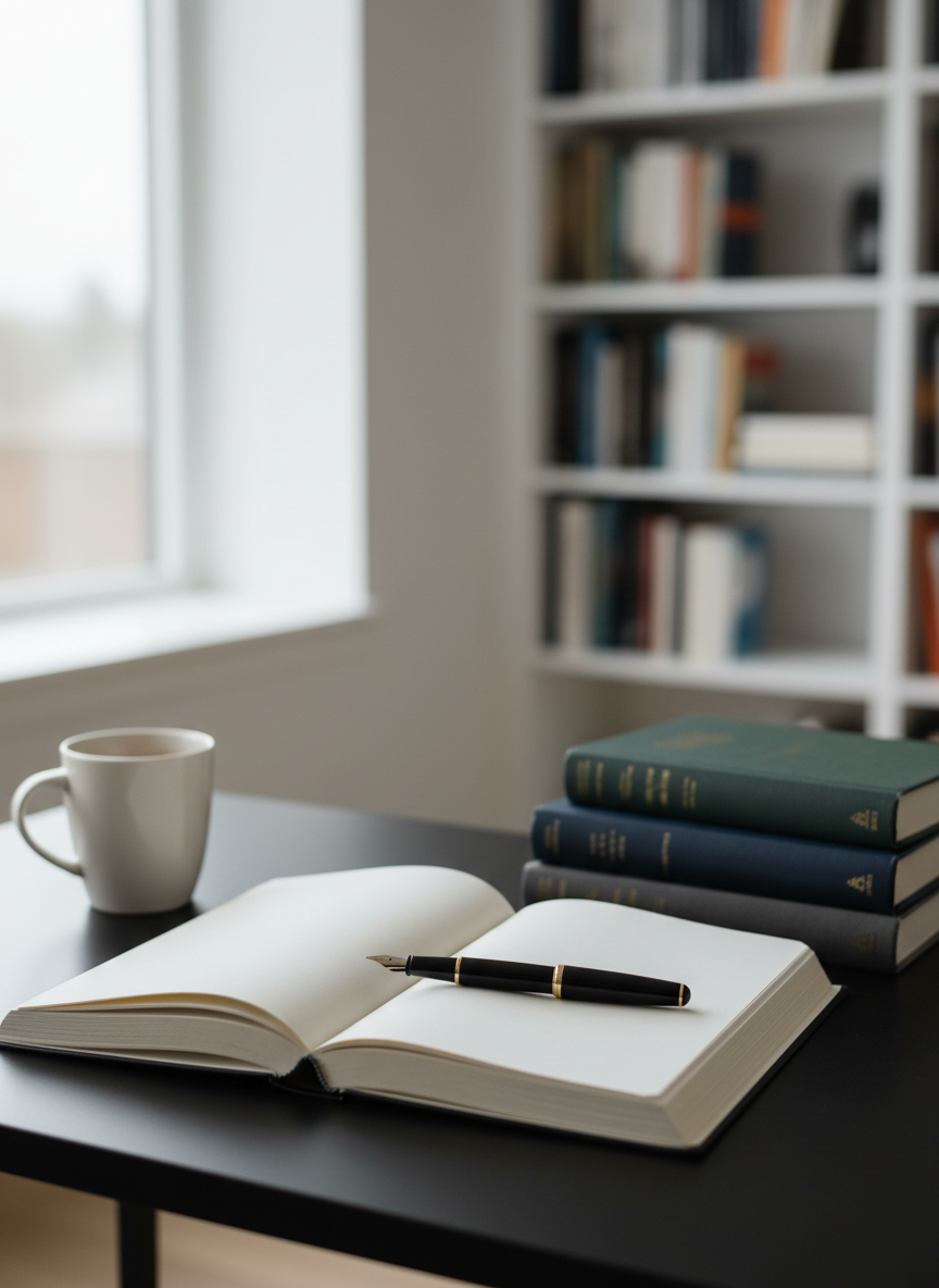 A tidy desk workspace featuring a single open notebook-style book with blank, cream pages, a classic fountain pen resting across the center crease, and a small stack of hardcovers with coordinated, sophisticated covers in the background. The setting is a minimalist home office with a matte black desk surface, a simple ceramic mug, and a blurred glimpse of a book-lined wall behind. Soft, diffused overcast light enters from a large unseen window, creating minimal glare and a calm, contemplative mood. Photographic realism, eye-level composition with a shallow depth of field that keeps the writing space in crisp focus, ideal for an “About the Author” or biography section.